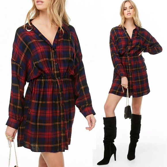 Mustard Seed Dresses & Skirts - Plaid Checker Drawstring Oversize Cute Shirt Dress